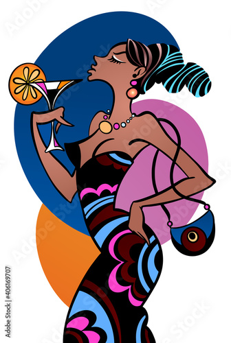 Vector colorful fashion illustration of young beautiful brunette Latin girl, wearing evening dress, drinking cocktail, enjoying the party.