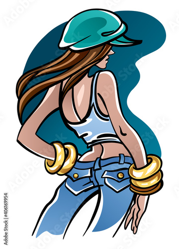 Vector colorful fashion illustration of standing beautiful young hipster or hippie woman, wearing jeans, top and hat, back view from behind.