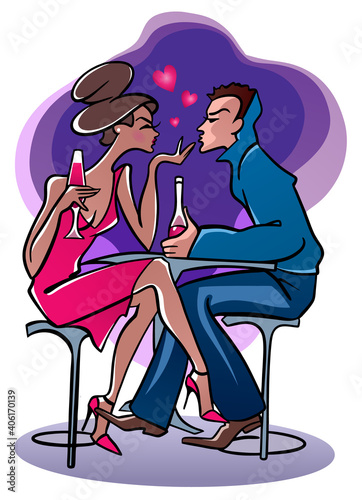 Vector colorful illustration of beautiful romantic couple, woman in red dress and man in jeans costume, having a dat in cafe, drinking wine and blowing kisses, illustration for Valentine’s day.