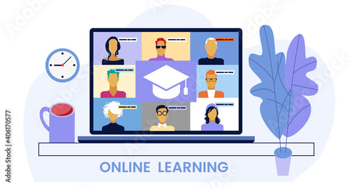 E-learning concept. Distance learning icon. Online training courses. Home leisure. Isolated vector element.