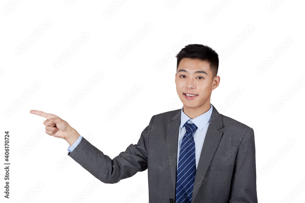 Portrait of business man looking up pointing Portrait of business man looking up pointing