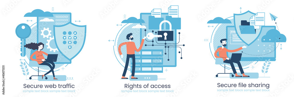 Secure data transmission concept. Access right. Safe file sharing. Protected web traffic. VPN. Analytical traffic assessment. Sharing documents.