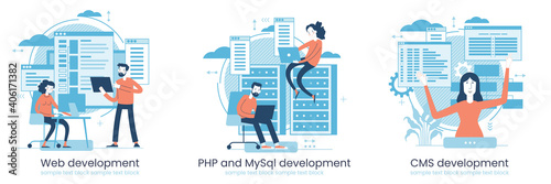 Website architecture concept. PHP and MySql. CMS content management system. Web development. Software testing. Interface design,