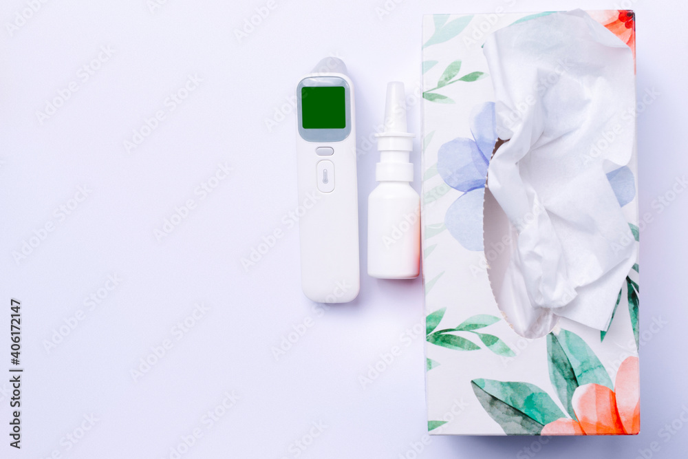 custom made wallpaper toronto digitalDisposable wipes, nasal spray and non-contact thermometer. Cold and virus concept. White background and side space.