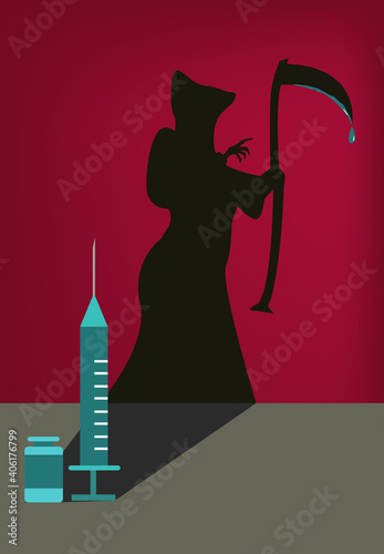 The danger of untested or rushed vaccine to fight infectious diseases or viruses concept. A vial and syringe cast a death shadow. Editable Clip Art.
