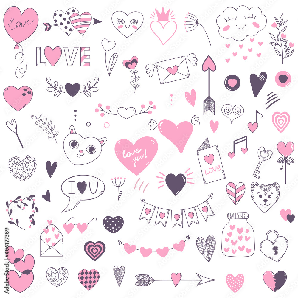 Set of vector illustrations with hearts for Valentine's Day. Romantic doodles in black and pink for sticker, design, cards and etc. Set of vector illustrations with hearts for Valentine's Day. Romantic doodles in black and pink for sticker, design, cards and etc.