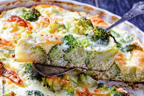 broccoli florets baked with brie cheese, top view