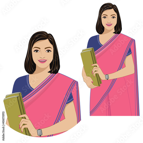 Vector illustration showing a cheerful lady wearing a sari holding books. 