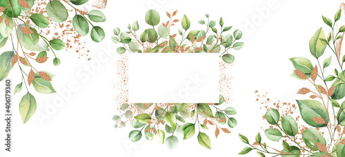 Set of watercolor floral frame  card with gold elements. Hand draw painted border with branches  leaves isolated on white background. Trendy template