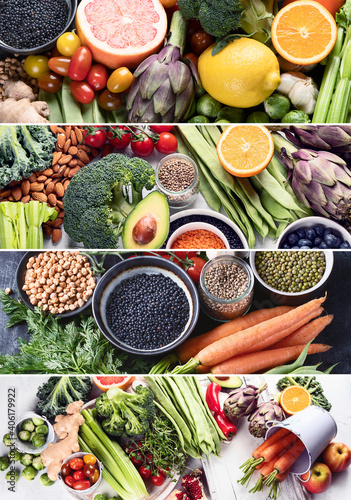 Collage of healthy diet background. Clean and detox eating.