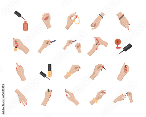 Female manicured hands. Lady painting, polishing nails. Nail brush, nail polish, nail file. Spa treatment beauty concept. Hand drawn colored trendy vector illustration.