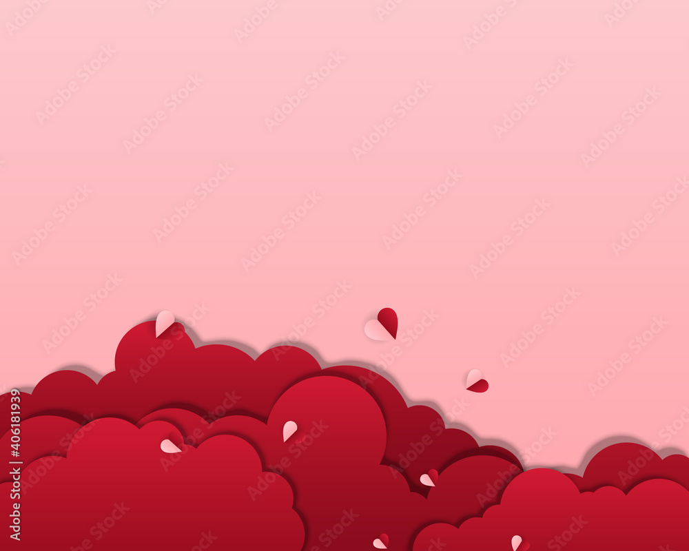 Red clouds with flying heart on pink background.