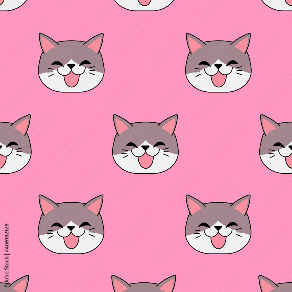 Smiling cat in seamless pattern on pink background. Best design for gift wrap.