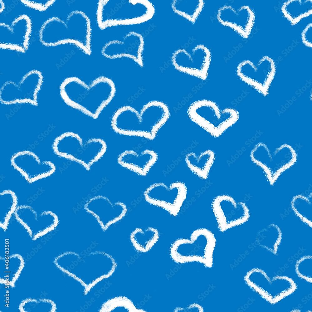 Seamless blue background with white hearts of different sizes and shapes drawn by hand