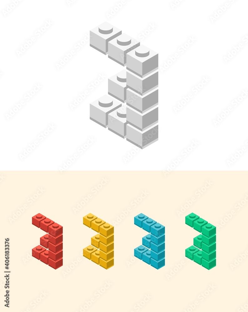 3 vector number with colourful plastic toy brick, isolated isometric 3d childish block font. Perfect for kids labels, birthday and kindergarten posters, school style, children magazines etc.