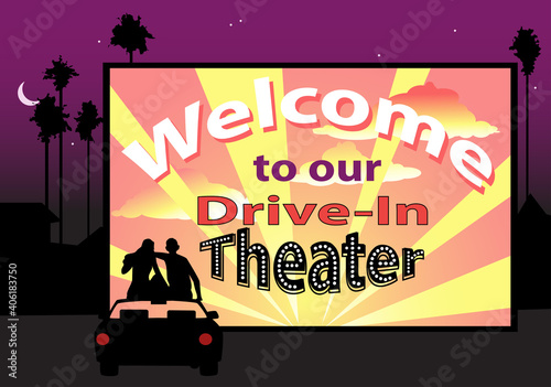 Couple sitting on the roof of a car in a drive-in movie theater, EPS 8 vector illustration
