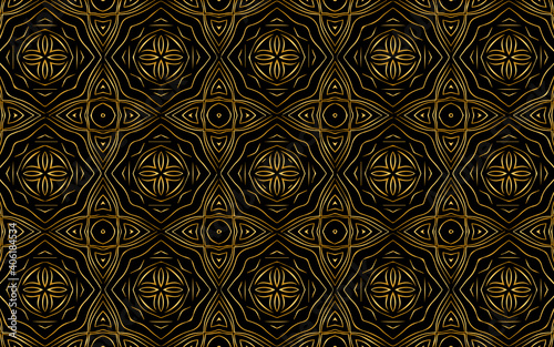 Ethnic artistic ornament based on Africa  Mexico  Aztecs. Texture with gold pattern. Geometric black background for wallpaper  wrapping paper  textile  fabric  website  stained glass decor.