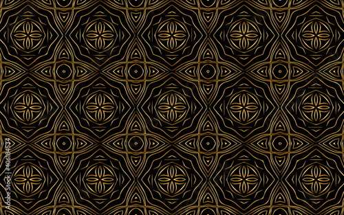 Ethnic artistic ornament based on Africa, Mexico, Aztecs. Texture with gold pattern. Geometric black background for wallpaper, wrapping paper, textile, fabric, website, stained glass decor.