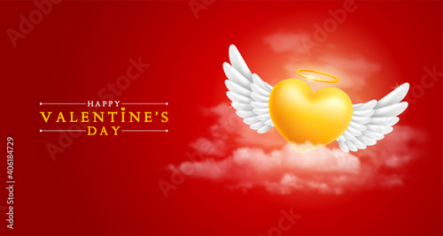 Golden realistic angel heart with white wings flies above the clouds on red background. Happy Valentines day greeting card conceptual design. Vector illustration EPS10.