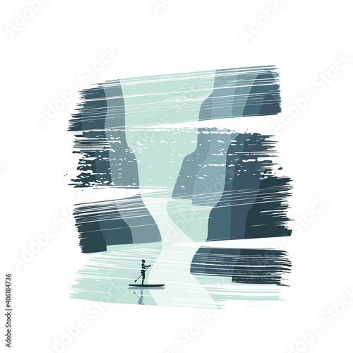 Beautiful girl standing on a kayak with a paddle in her hand, floating in the ocean past rocks.Typography for printing T-shirts, vector illustration.