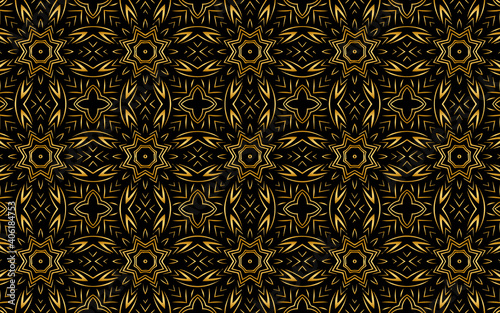 Ethnic ornament with stylized abstract flowers. Texture with a gold pattern based on Africa, Mexico, India. Geometric black background for wallpaper, wrapping paper, textile, fabric, website, stained 