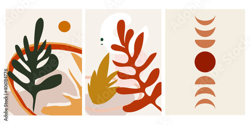 abstract posters in boho style. botany and the underwater world. Pastel colors.