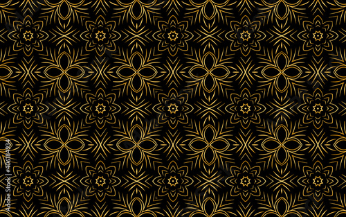 Ethnic gold ornament. Texture with geometric shapes and colors. Black background for wallpaper, wrapping paper, textile, fabric, website, stained glass decor.
