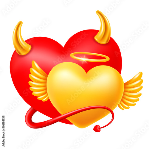 Realistic devil heart with horns and tail and angel heart with halo and wings. Red and golden colours. Conceptual design for Valentines day or other life events. Isolated vector illustration EPS10.