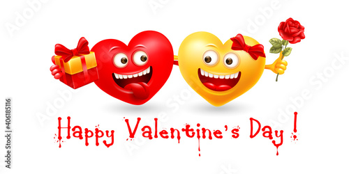 Happy Valentines day greeting card with couple of cheerful enamored realistic hearts, male and female, which holds gift box and rose on white background. Humorous style. Vector illustration EPS10.