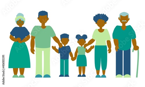 African american family mother, father, son, daught, grandparents Flat vector illustration