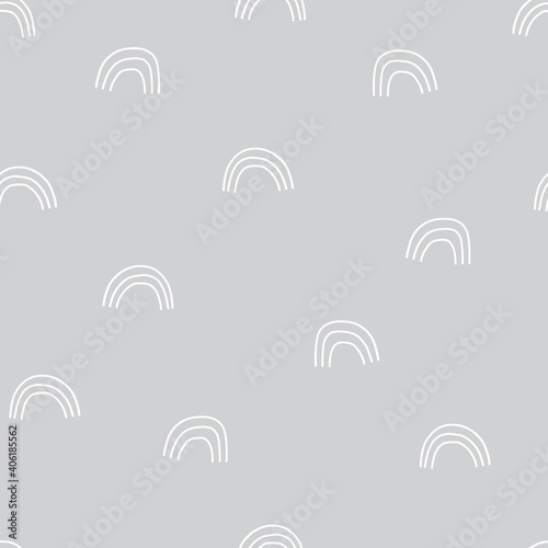 Doodle linear rainbow vector seamless pattern . Grey and white simple abstract graphic arc minimalistic backdrop. Scandinavian childish design