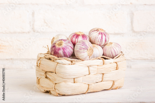 Garlic heads in a wicker basket
