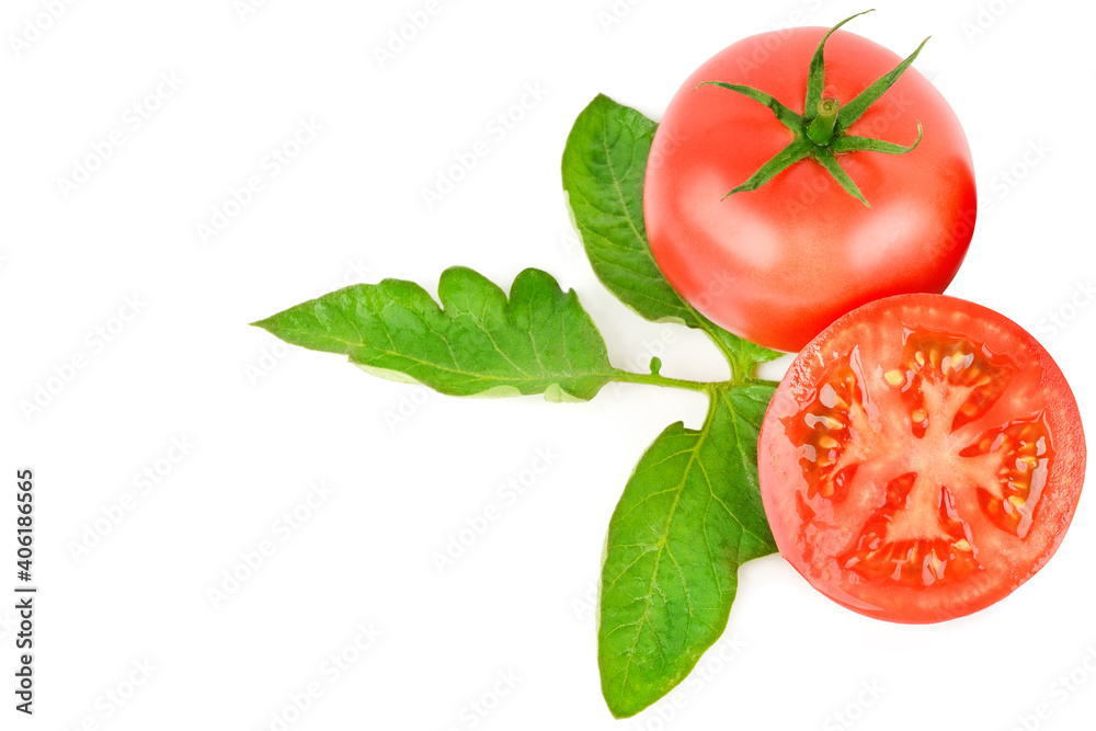 Whole and cut fresh, red tomatoes isolated on white background. Free space for text. Whole and cut fresh, red tomatoes isolated on white background. Free space for text.