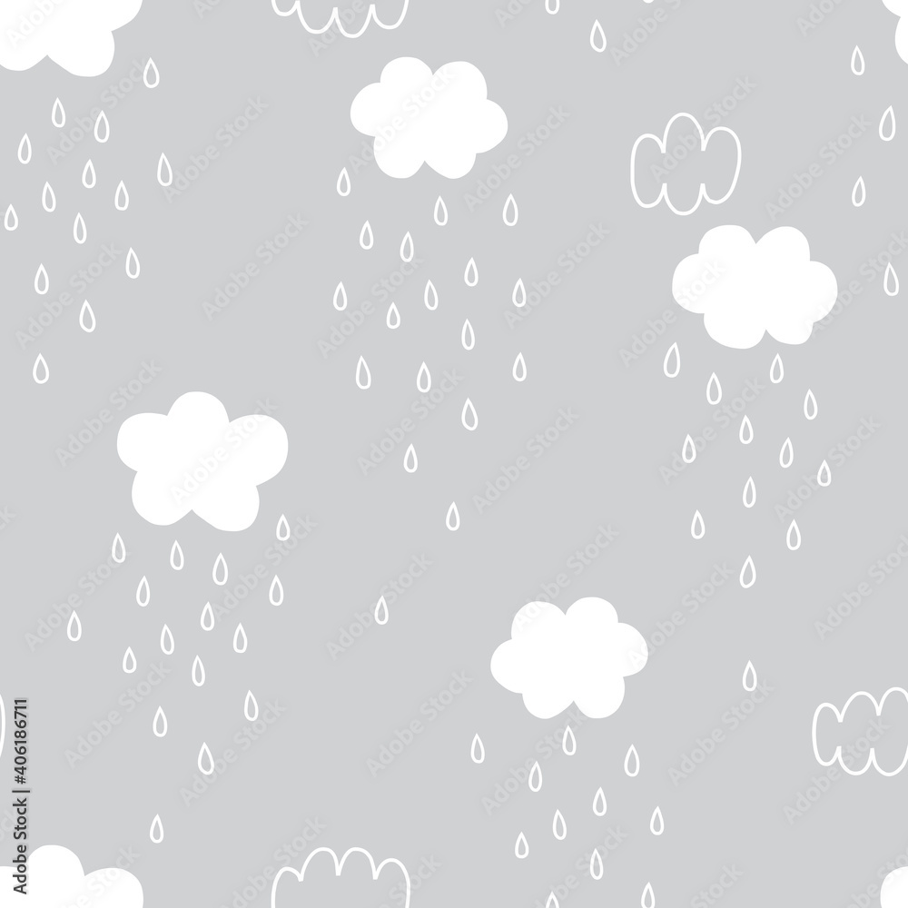 Rainy weather sky seamless vector pattern. Simple Raindrops Cloud neutral grey Scandinavian baby nursery print design. 