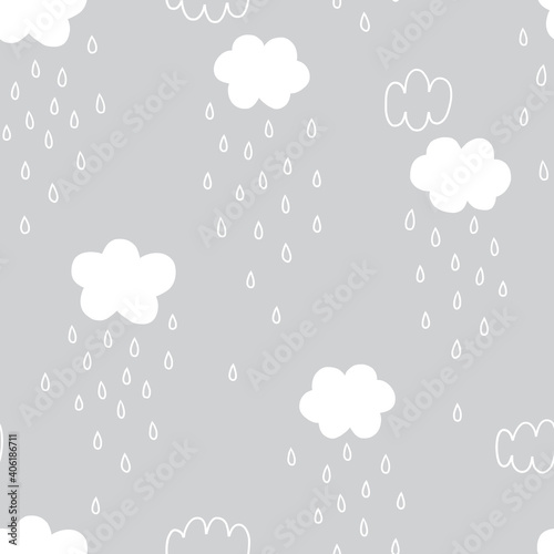 Rainy weather sky seamless vector pattern. Simple Raindrops Cloud neutral grey Scandinavian baby nursery print design. 