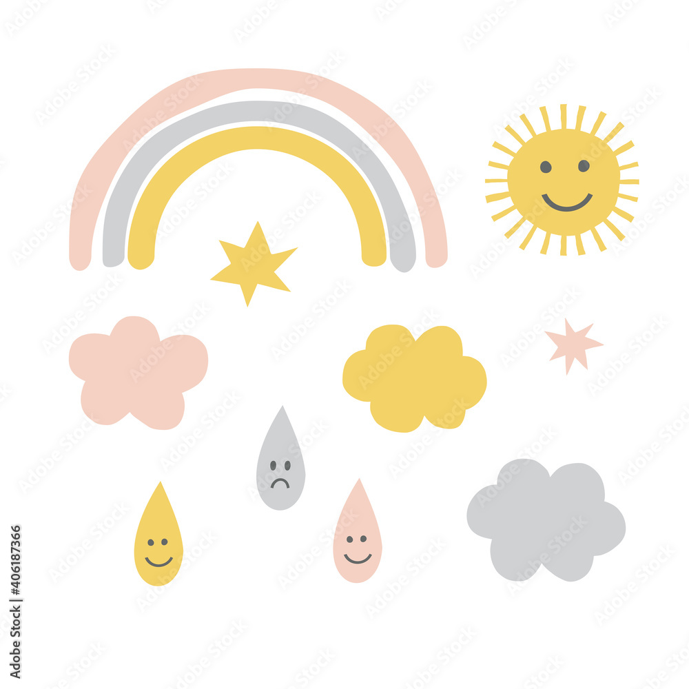Cute kawaii rain drop cloud sun rainbow star vector icon set isolated on white. Simple abstract weather minimalistic sky flat graphic clip art collection. Nursery celestial design element pack Cute kawaii rain drop cloud sun rainbow star vector icon set isolated on white. Simple abstract weather minimalistic sky flat graphic clip art collection. Nursery celestial design element pack
