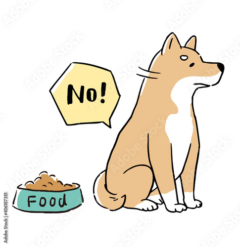 食欲がなくドッグフードを食べない柴犬の線画イラストセット