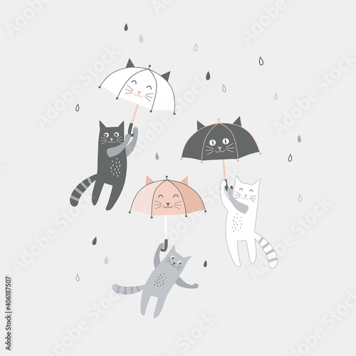 Funny black white grey cat with cute kawaii umbrella fly in the sky vector illustration. Rainy weather graphics for Scandinavian childish nursery design.