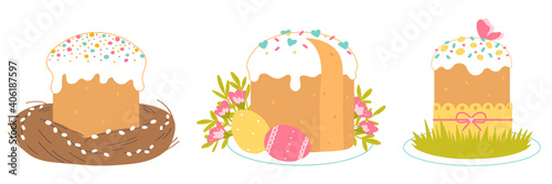 Set of Easter cakes isolated on a white background. Cupcake, nest, flowers, grass and painted eggs. Vector illustration in flat style.