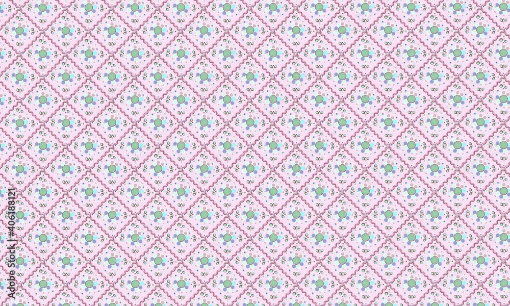  pink diagonal background with decorated square shapes.
