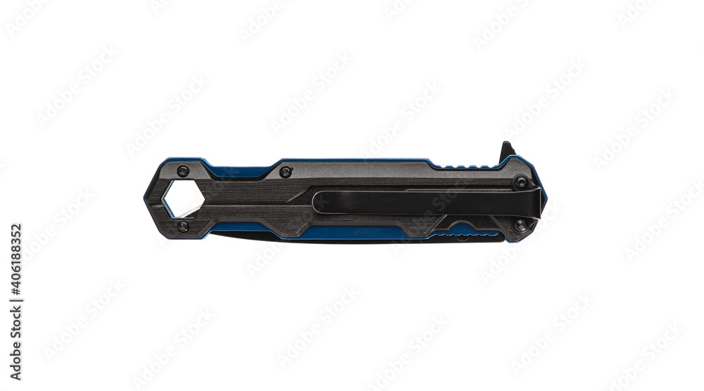 Pocket folding knife isolate on white back. Compact metal sharp knife with a folding blade. Pocket folding knife isolate on white back. Compact metal sharp knife with a folding blade.