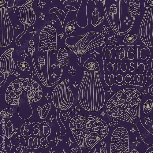 Mystical magic mushroom seamless pattern. Hand drawn doodle illustration of fantasy mushrooms, eyes, crystals, lettering. Vintage psychedelic background.