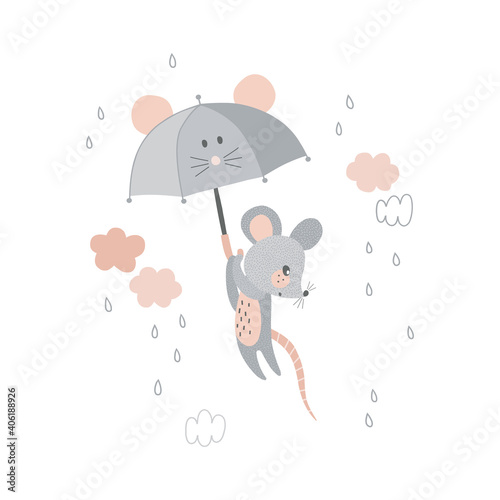 Cute little mouse animal fly in the sky with kawaii umbrella vector illustration isolated on white. Rainy weather graphics for Scandinavian childish nursery design.
