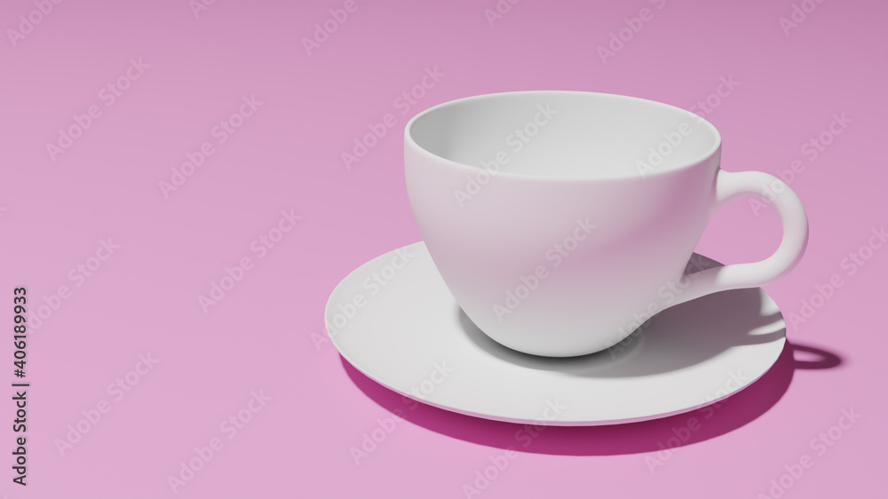 Empty white porcelain cup on pink background in cafe. Empty white porcelain cup on pink background in cafe.