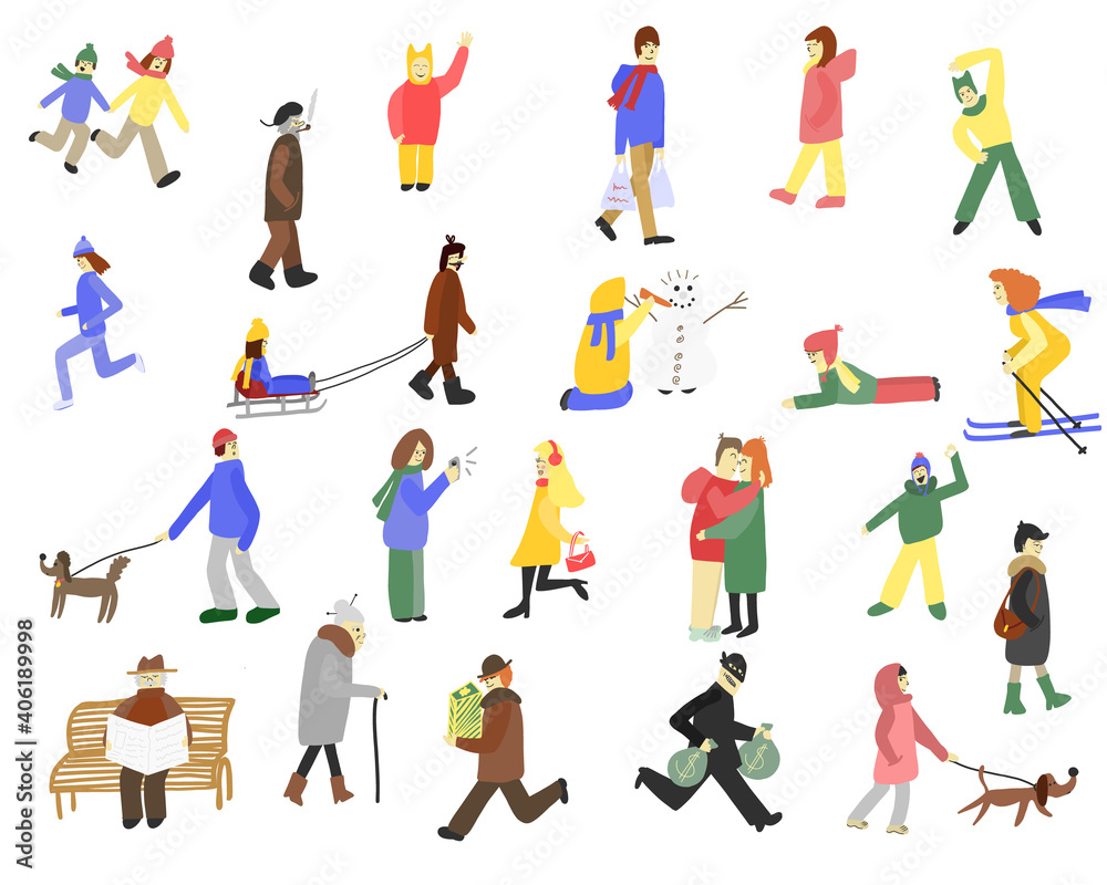 Vector isolated set of cute people in warm winter outwear. Flat scandinavian style concept for icon, sticker, web, app, print, card, cover. Hand drawn images of woman, man, eldery people,  kids, pets.