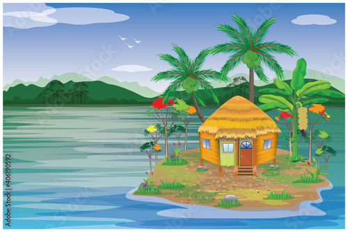 straw hut on the sea beach vector design