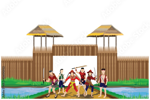 Ancient male and female warriors Standing in front of the barracks