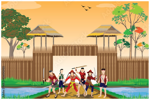 Ancient male and female warriors Standing in front of the barracks