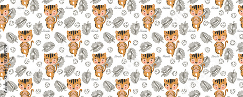 Stylish cartoon seamless pattern of tiger cubs in yoga asanas Vrikshasana, calligraphic inscription Namaste and black contour tropical monstera and palm leaves on a white background. Vector.