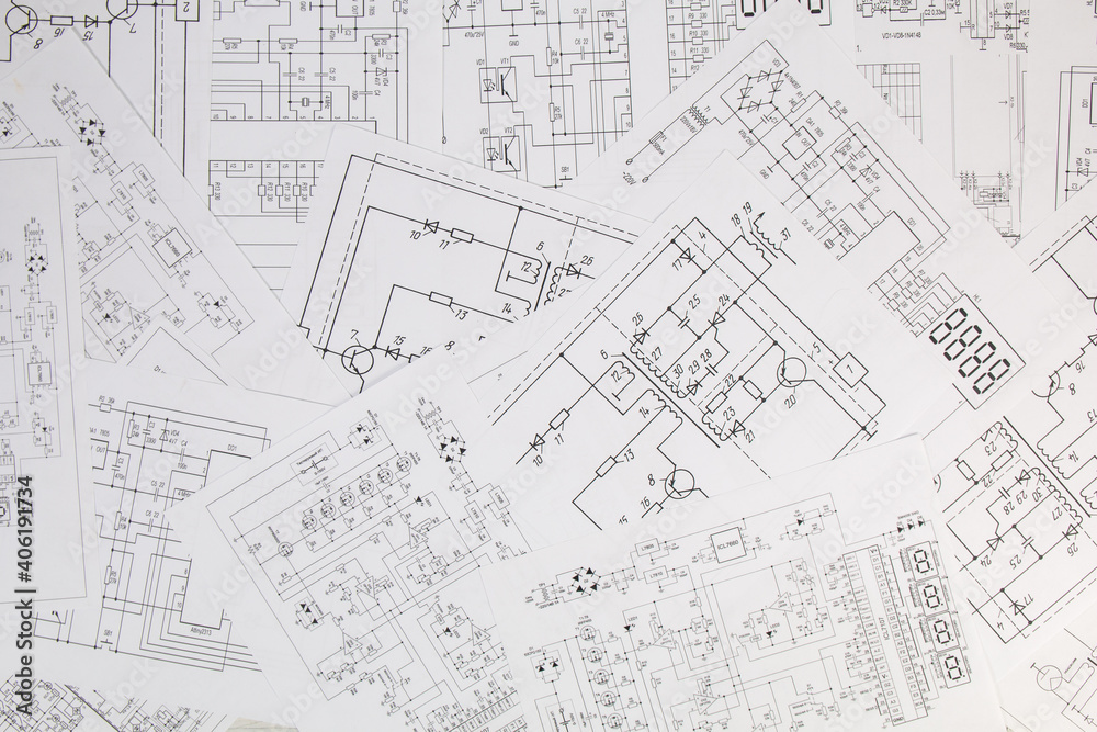 Paper electrical engineering drawings. Work of an electronic engineer.